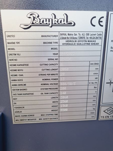 STOKTAN TESLİM BAYKAL  HGL 3106 HİDROLİK GİYOTİN MAKAS