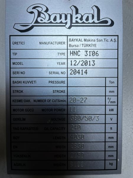 Baykal HNC 3106 Hidrolik Giyotin Makas