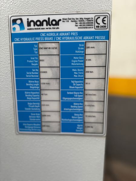 İnanlar Sıfır Ayarında 125 cm 40 Ton Cnc Abkant Pres