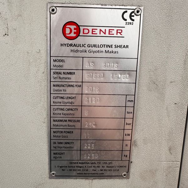DENER MARKA 3000 x 6 MM CNC HİDROLİK GİYOTİN MAKAS
