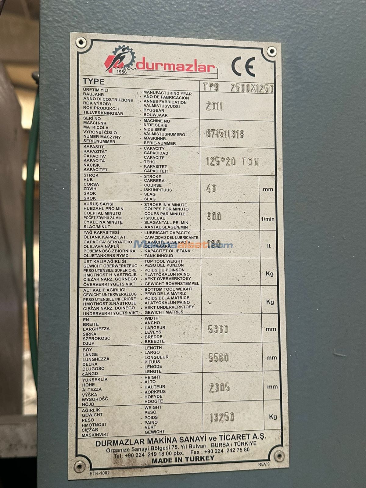 DURMAZLARMARKA TP 9 1250 x 2500 20 TON PUNCH PRES