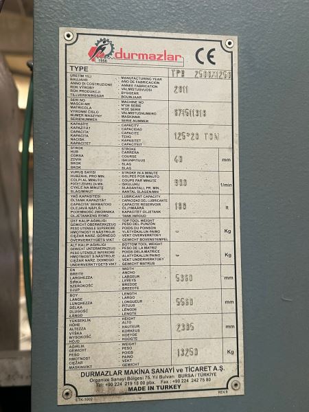DURMAZLARMARKA TP 9 1250 x 2500 20 TON PUNCH PRES