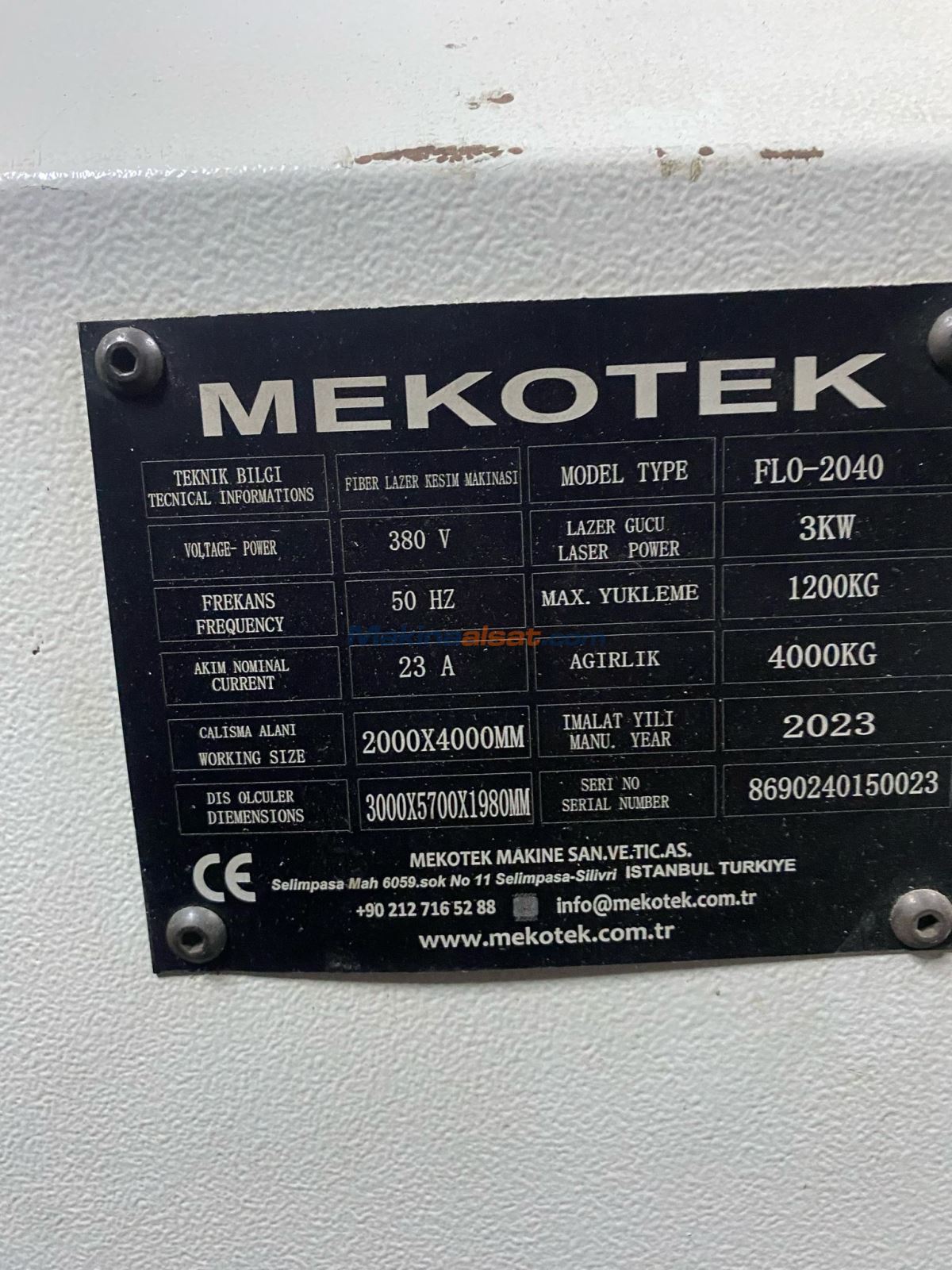 Mekotek 3 kW 2000 x 4000 Fiber Lazer Kesim