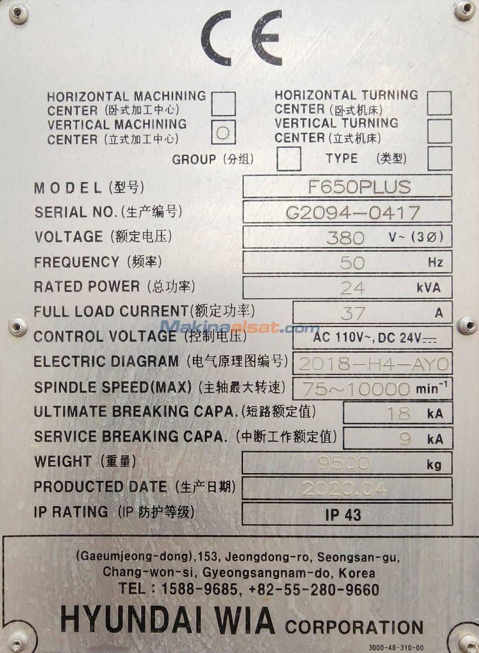 HYUNDAI WIA F650 PLUS CNC DİK İŞLEME MERKEZİ