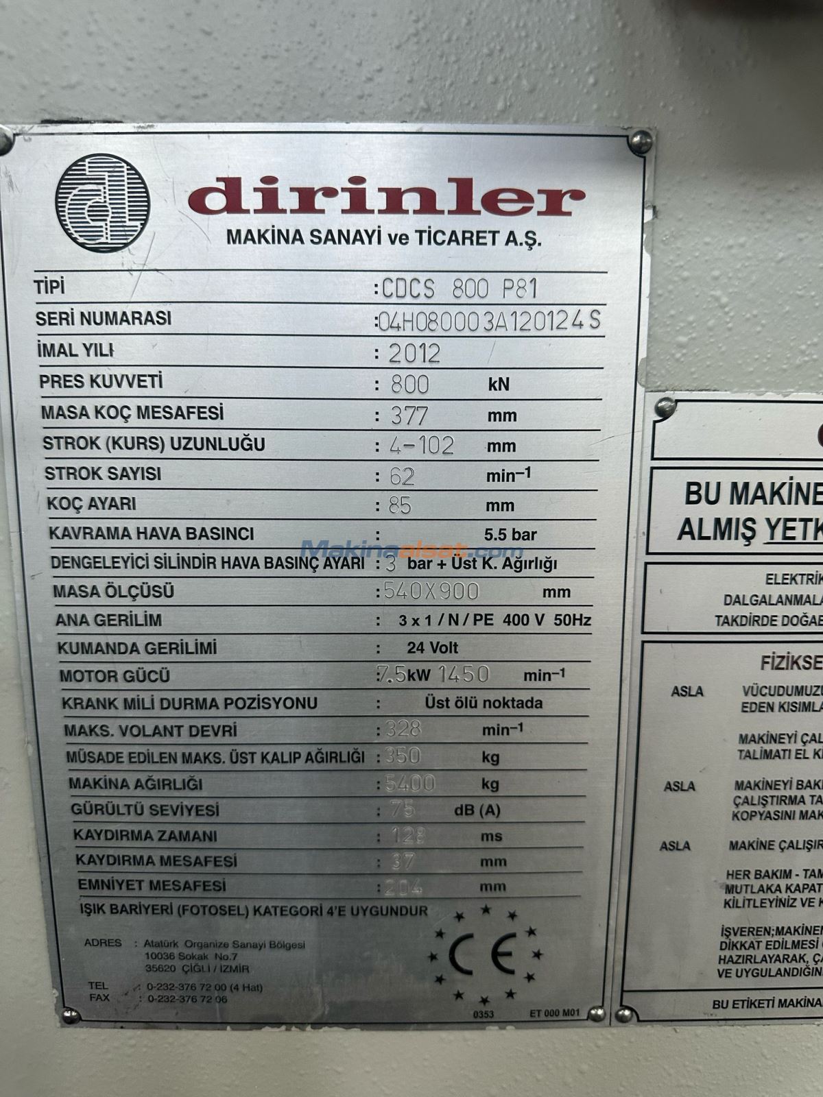 DİRİNLER 80 TON ESKANTRİK PRES