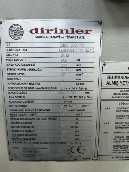 DİRİNLER 80 TON ESKANTRİK PRES