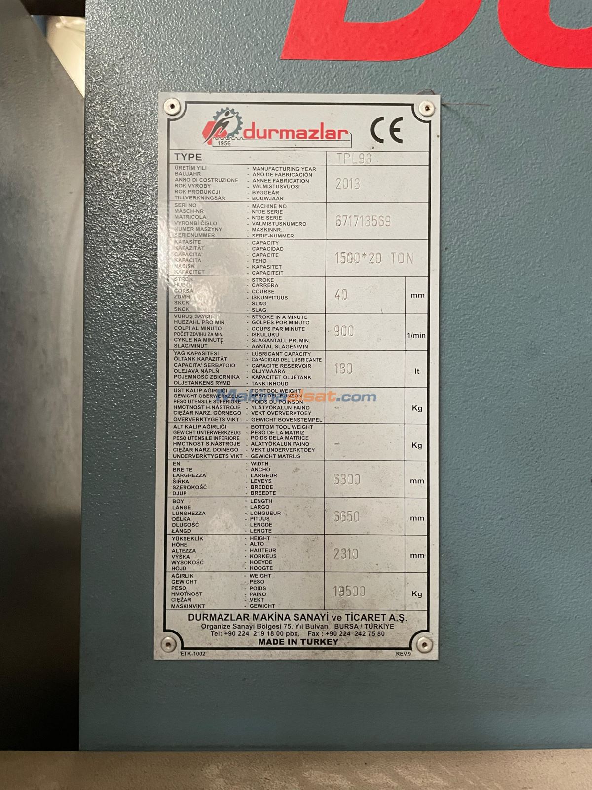 Durmazlar Makina TPL 93 Punch Pres