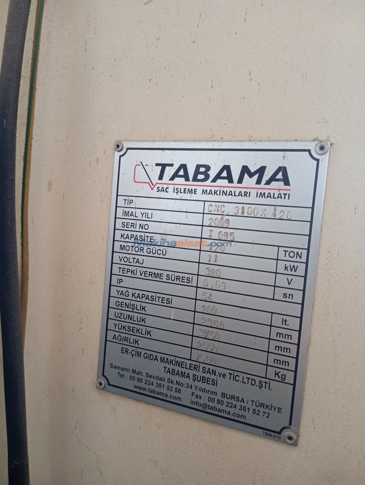Tabama 4 Eksen 120 Ton 3100 x 6 mm Abkant Pres