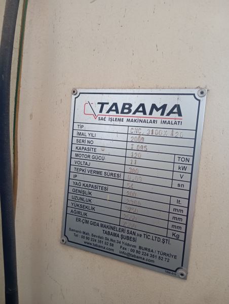 Tabama 4 Eksen 120 Ton 3100 x 6 mm Abkant Pres