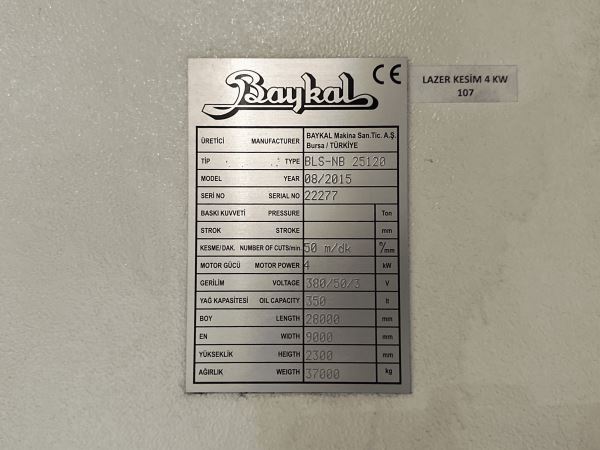 2500x12000 Baykal 2015 Model Lazer Kesim